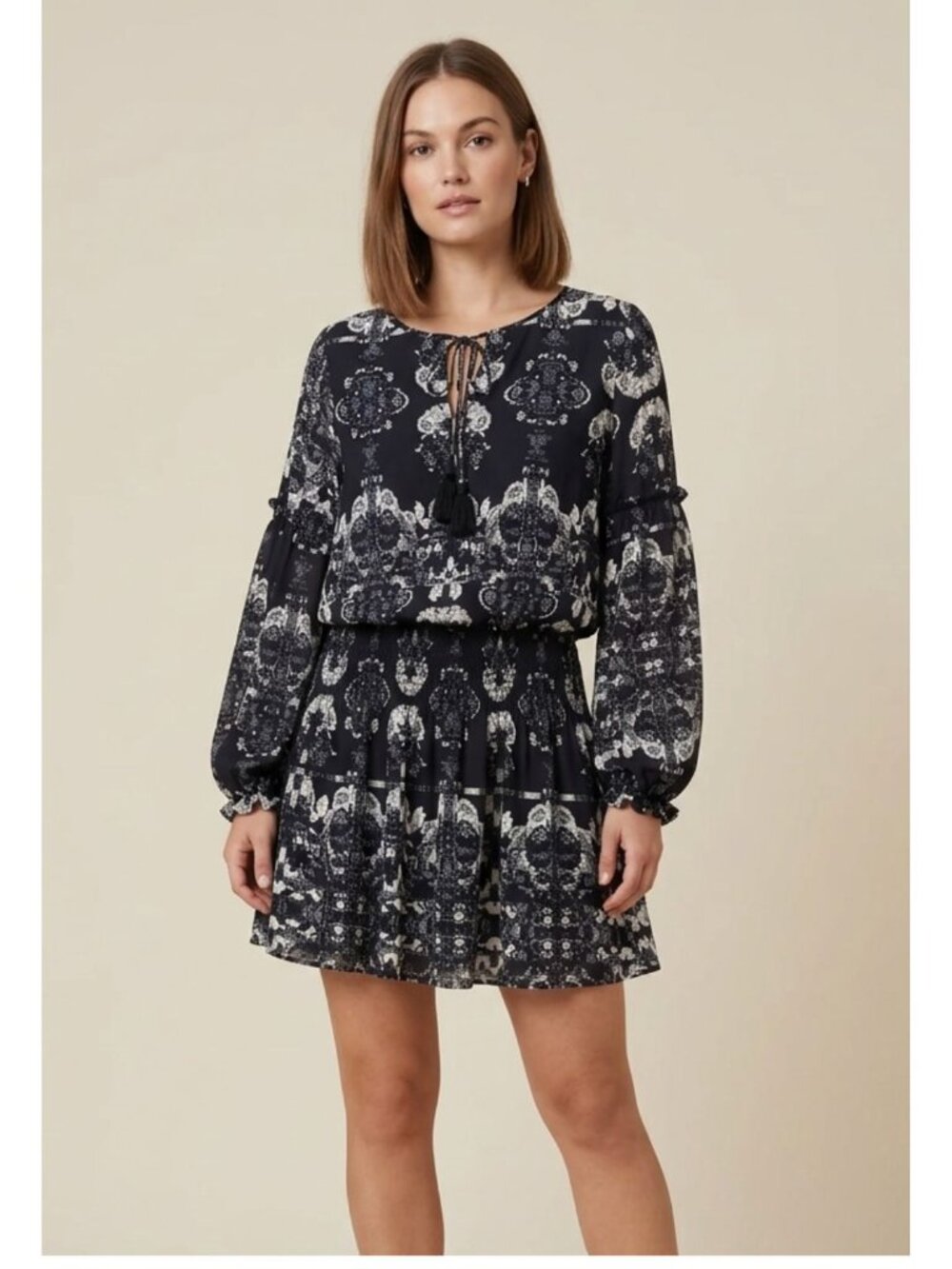 Parker Tiara Blouson Mini Dress Black White Abstract Floral Long Sleeve L NWOT